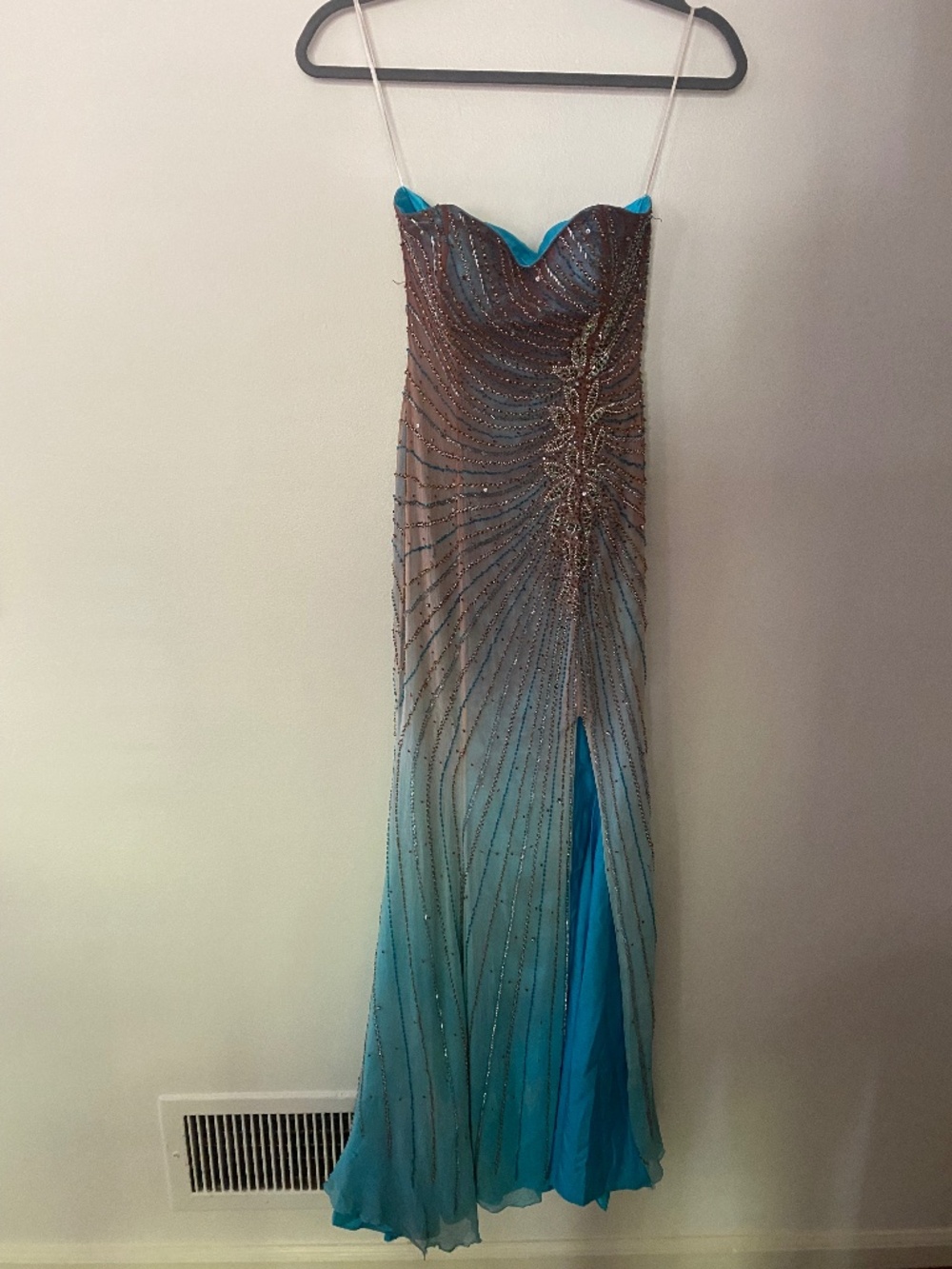Vintage y2k Alyce Designs Brown Silk Blue Ombre Beaded Gown Prom Formal Size 2